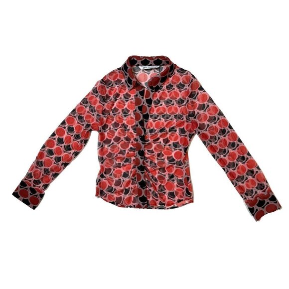 Zara Red Black Sheer Polka Dot Retro Geo Print Button Down Ruched Long Sleeve Bl - Picture 1 of 9